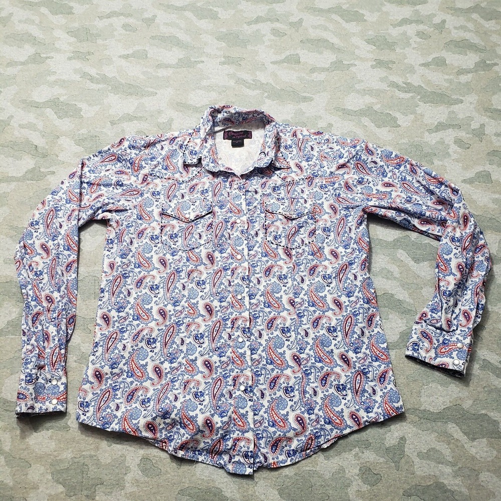 Cowgirl‎ Legend Top Womens Medium Blue Pockets Pearl Snap Long Sleeve